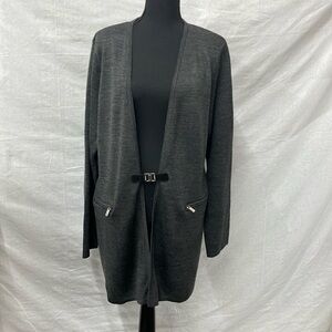 Calvin Klein extra-long cardigan, open front, gray wool blend, size X-Large